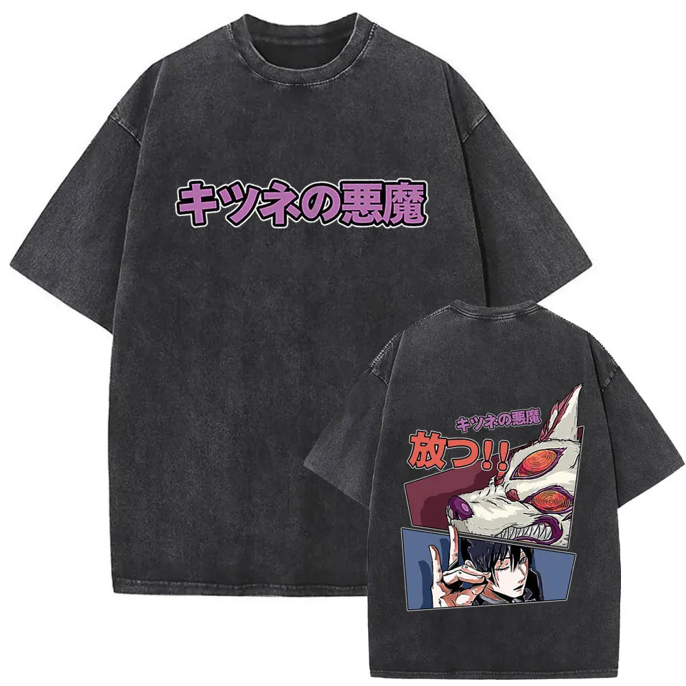 Anime tronçonneuse homme Vintage lavé T-shirt Hayakawa Aki invocation Kon Fox diable graphique T-shirts hommes femmes décontracté mode T-shirts Camara Shopping Anime tronçonneuse homme Vintage lavé T-shirt Hayakawa Aki invocation Kon Fox diable graphique T-shirts hommes femmes décontracté mode T-shirts