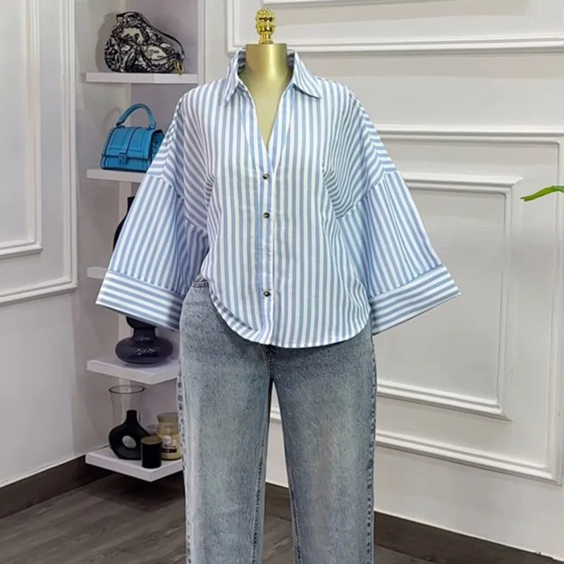 Chemisiers femmes chemise col rabattu manches longues hauts rayé Y2k Streetwear élégant épissure chemises décontracté travail ample 2025 automne Camara Shopping Chemisiers femmes chemise col rabattu manches longues hauts rayé Y2k Streetwear élégant épissure chemises décontracté travail ample 2025 automne