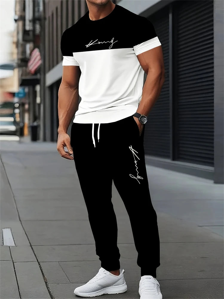 Ensemble deux pièces pour hommes, lettres imprimées, décontracté, col rond, manches courtes, cordon de serrage, pantalon Long, grande taille, tenue ample, nouvelle collection Camara Shopping Ensemble deux pièces pour hommes, lettres imprimées, décontracté, col rond, manches courtes, cordon de serrage, pantalon Long, grande taille, tenue ample, nouvelle collection