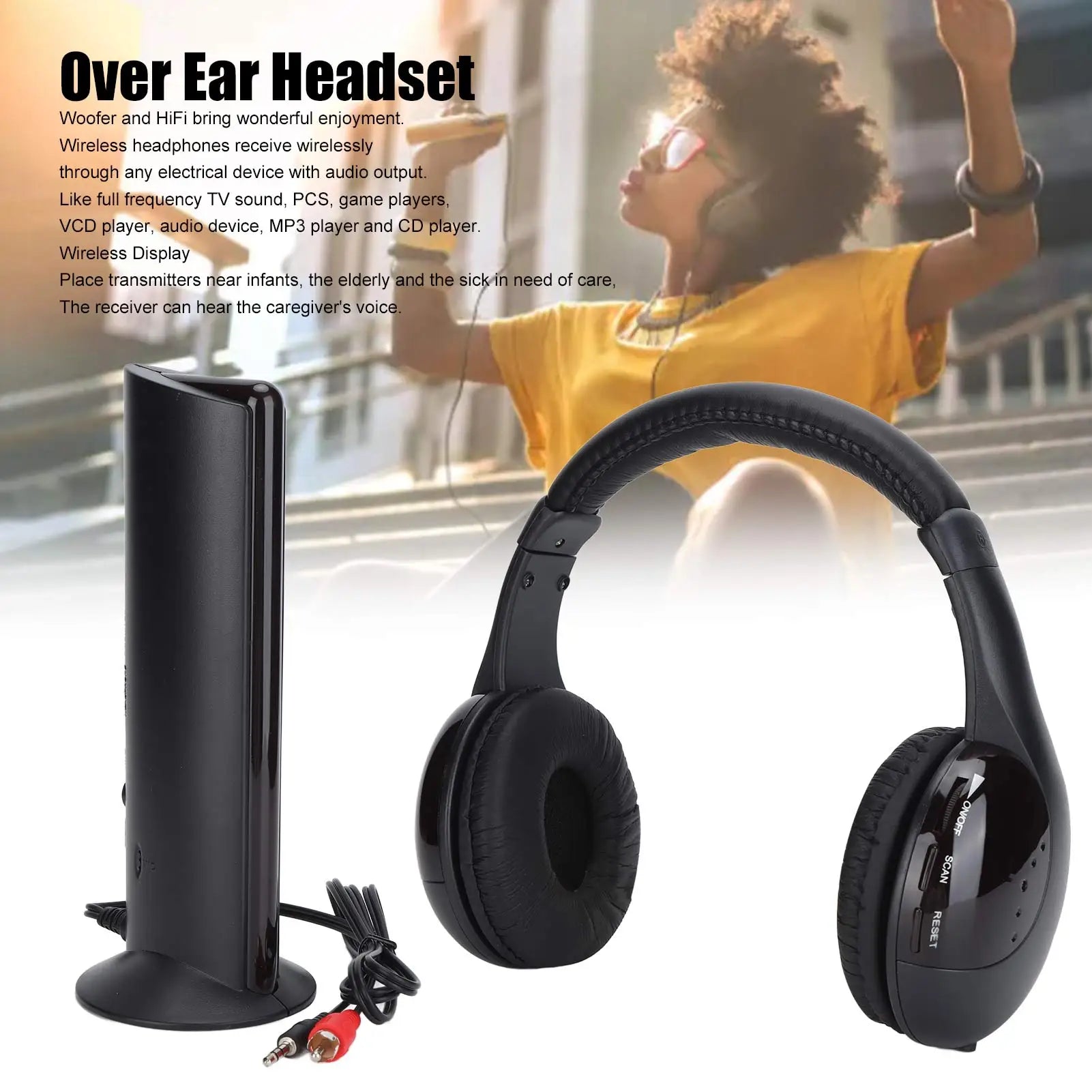 Casque Sans Fil HiFi 5-en-1 — TV, PC, Radio FM | Portée 30m - Camara ShoppingCasque Sans Fil HiFi 5-en-1 — TV, PC, Radio FM | Portée 30m