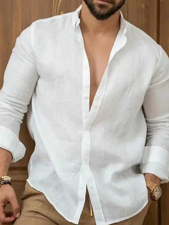 Chemise unie en coton et lin pour hommes, chemise unie, revers boutonné classique, chemises à manches longues, haut pour hommes, mode printemps et été Camara Shopping Chemise unie en coton et lin pour hommes, chemise unie, revers boutonné classique, chemises à manches longues, haut pour hommes, mode printemps et été