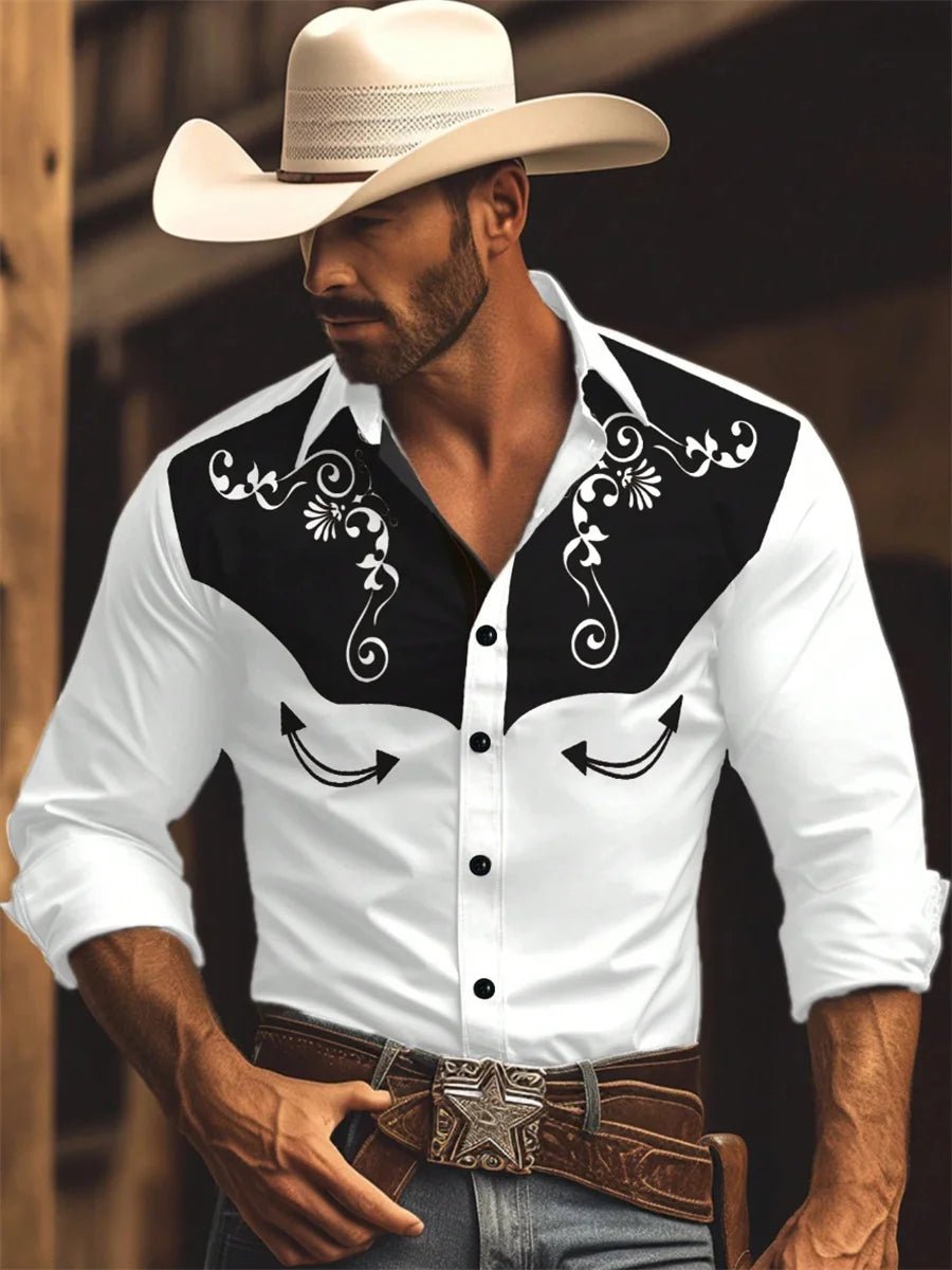 Nouvelle chemise à manches longues pour homme, style western cowboy, chemise à motif vintage imprimé, chemise à manches longues à col tendance pour homme. - Camara ShoppingNouvelle chemise à manches longues pour homme, style western cowboy, chemise à motif vintage imprimé, chemise à manches longues à col tendance pour homme.