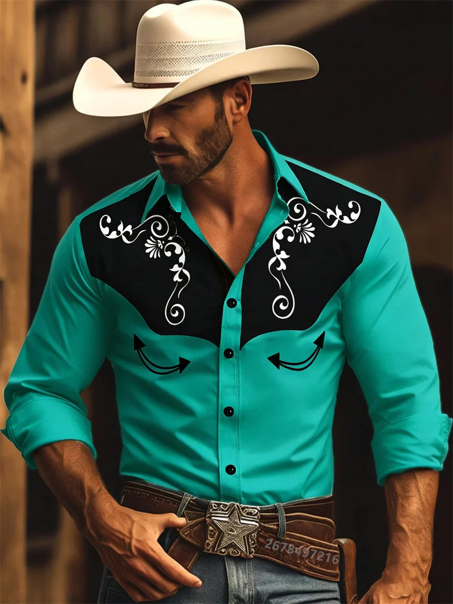 Nouvelle chemise à manches longues pour homme, style western cowboy, chemise à motif vintage imprimé, chemise à manches longues à col tendance pour homme. Camara Shopping Nouvelle chemise à manches longues pour homme, style western cowboy, chemise à motif vintage imprimé, chemise à manches longues à col tendance pour homme.