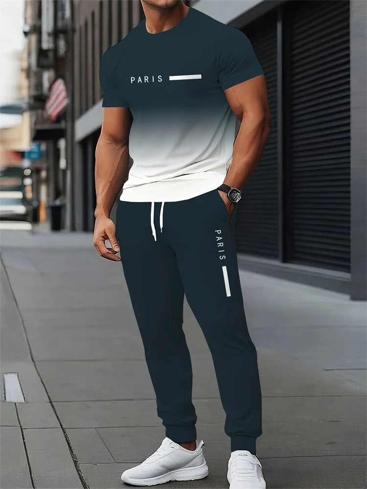 Ensemble deux pièces pour hommes, lettres imprimées, décontracté, col rond, manches courtes, cordon de serrage, pantalon Long, grande taille, tenue ample, nouvelle collection Camara Shopping Ensemble deux pièces pour hommes, lettres imprimées, décontracté, col rond, manches courtes, cordon de serrage, pantalon Long, grande taille, tenue ample, nouvelle collection