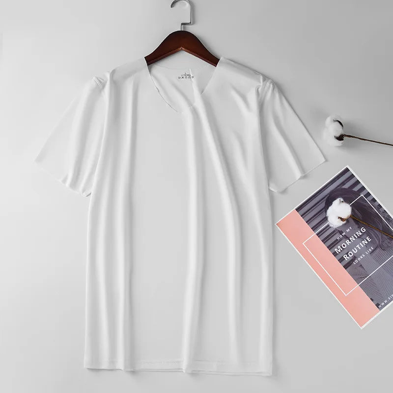 Summer Seamless Breathable Ice Silk T-Shirt Vest Men's Sports Short Sleeve T-shirt Solid Color V-neck Tees Quick Dry Shirt Tops Camara Shopping Summer Seamless Breathable Ice Silk T-Shirt Vest Men's Sports Short Sleeve T-shirt Solid Color V-neck Tees Quick Dry Shirt Tops