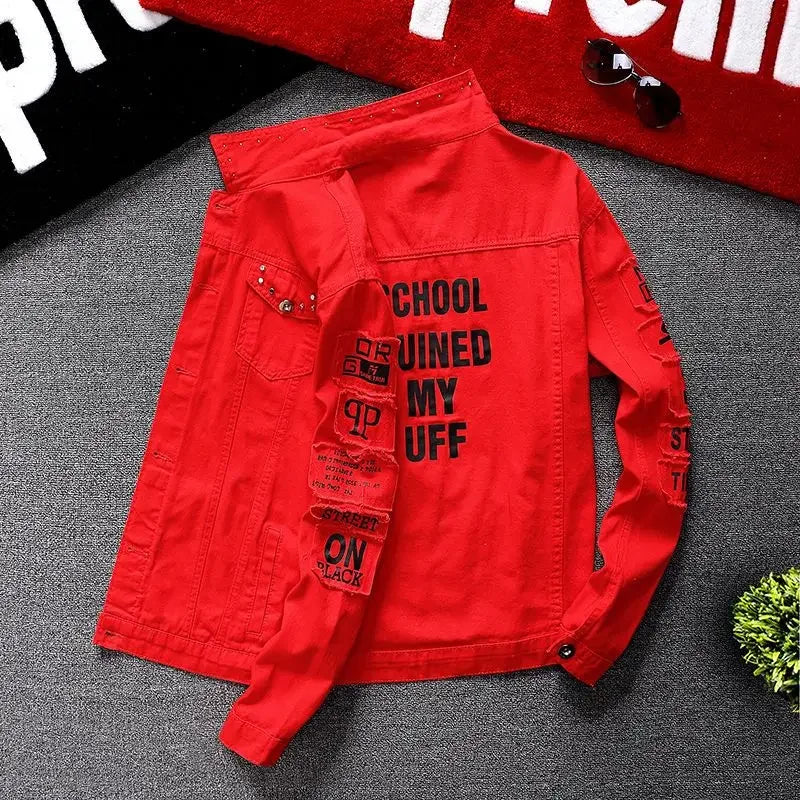 Male Jean Coats Red With Print Men's Denim Jacket Casual Slim Short Clothing Elatic New In Large Size On Board Fashion G Washed Camara Shopping Male Jean Coats Red With Print Men's Denim Jacket Casual Slim Short Clothing Elatic New In Large Size On Board Fashion G Washed