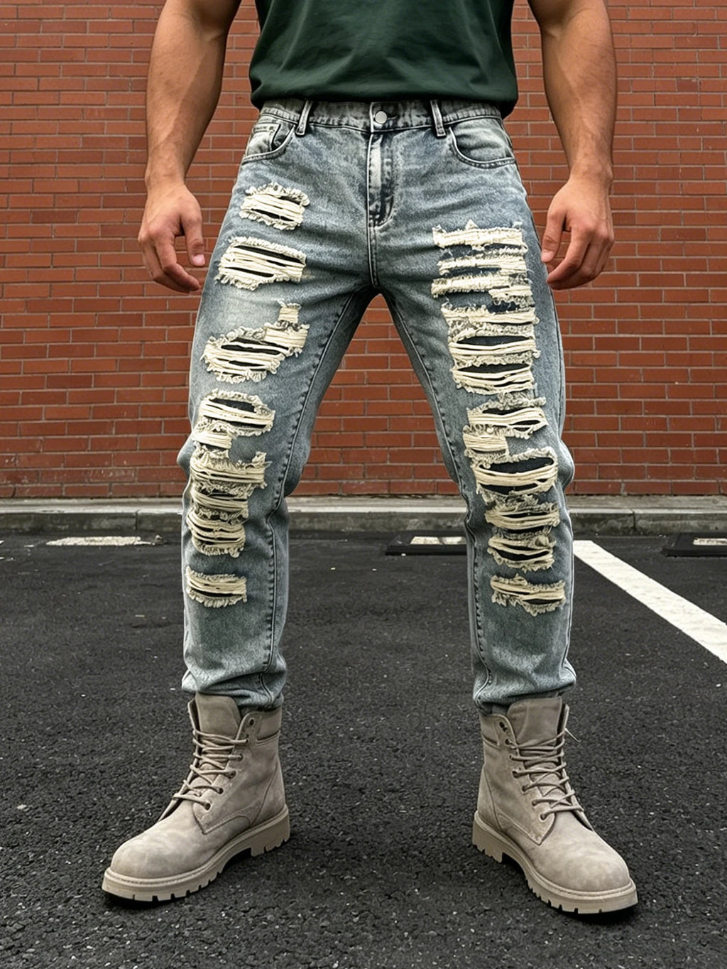 Plus size men's ripped gray blue washed jeans heavy industry multi-layer raw edge ripped straight trousers handsome trendy men Camara Shopping Plus size men's ripped gray blue washed jeans heavy industry multi-layer raw edge ripped straight trousers handsome trendy men