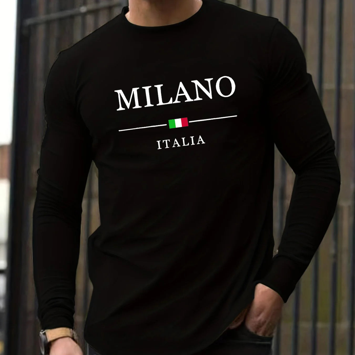 100% pure cotton men's long sleeved round neck loose casual MILANO ITALIA print spring and autumn versatile T-shirt top Camara Shopping 100% pure cotton men's long sleeved round neck loose casual MILANO ITALIA print spring and autumn versatile T-shirt top