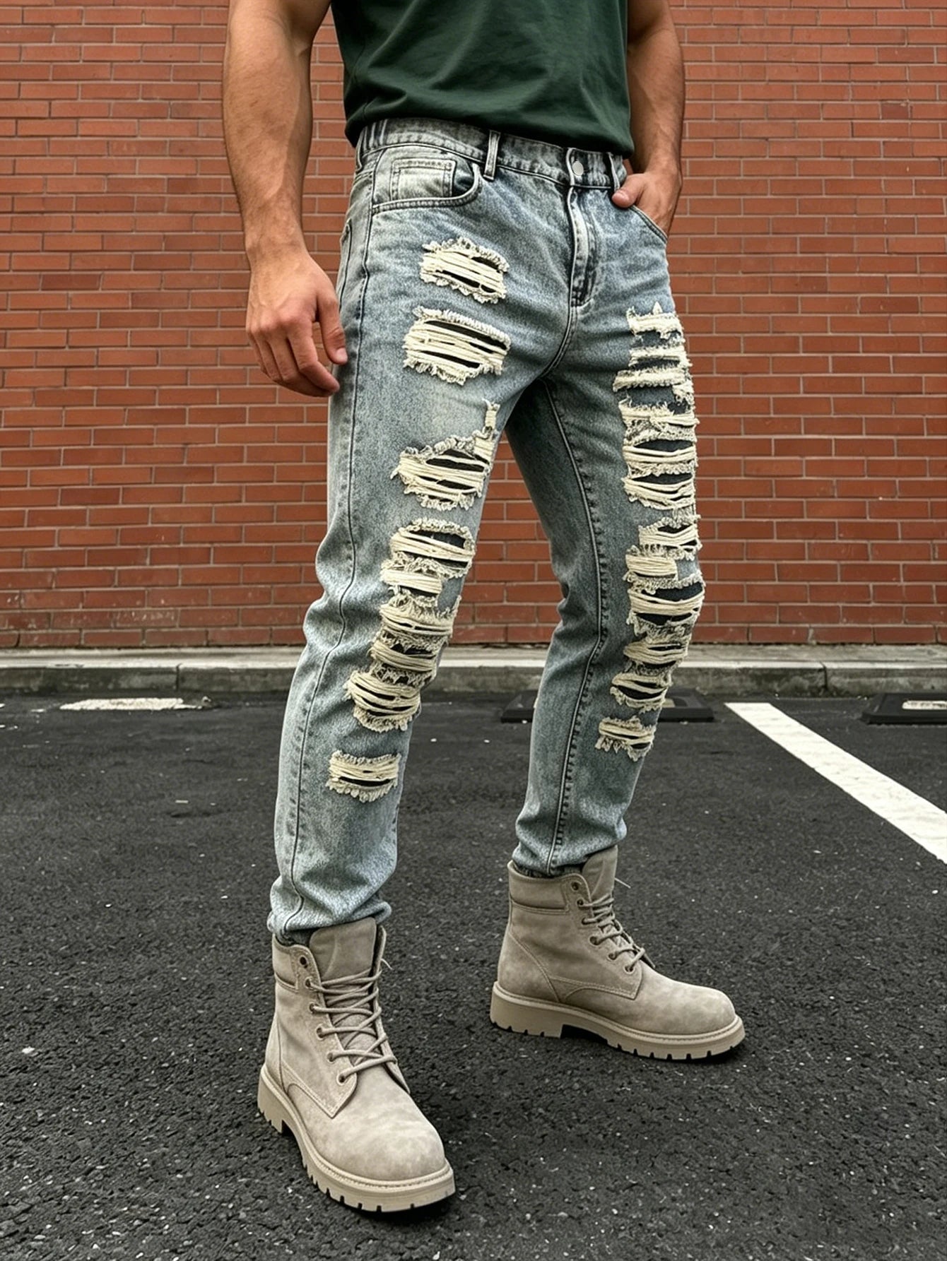 Plus size men's ripped gray blue washed jeans heavy industry multi-layer raw edge ripped straight trousers handsome trendy men Camara Shopping Plus size men's ripped gray blue washed jeans heavy industry multi-layer raw edge ripped straight trousers handsome trendy men